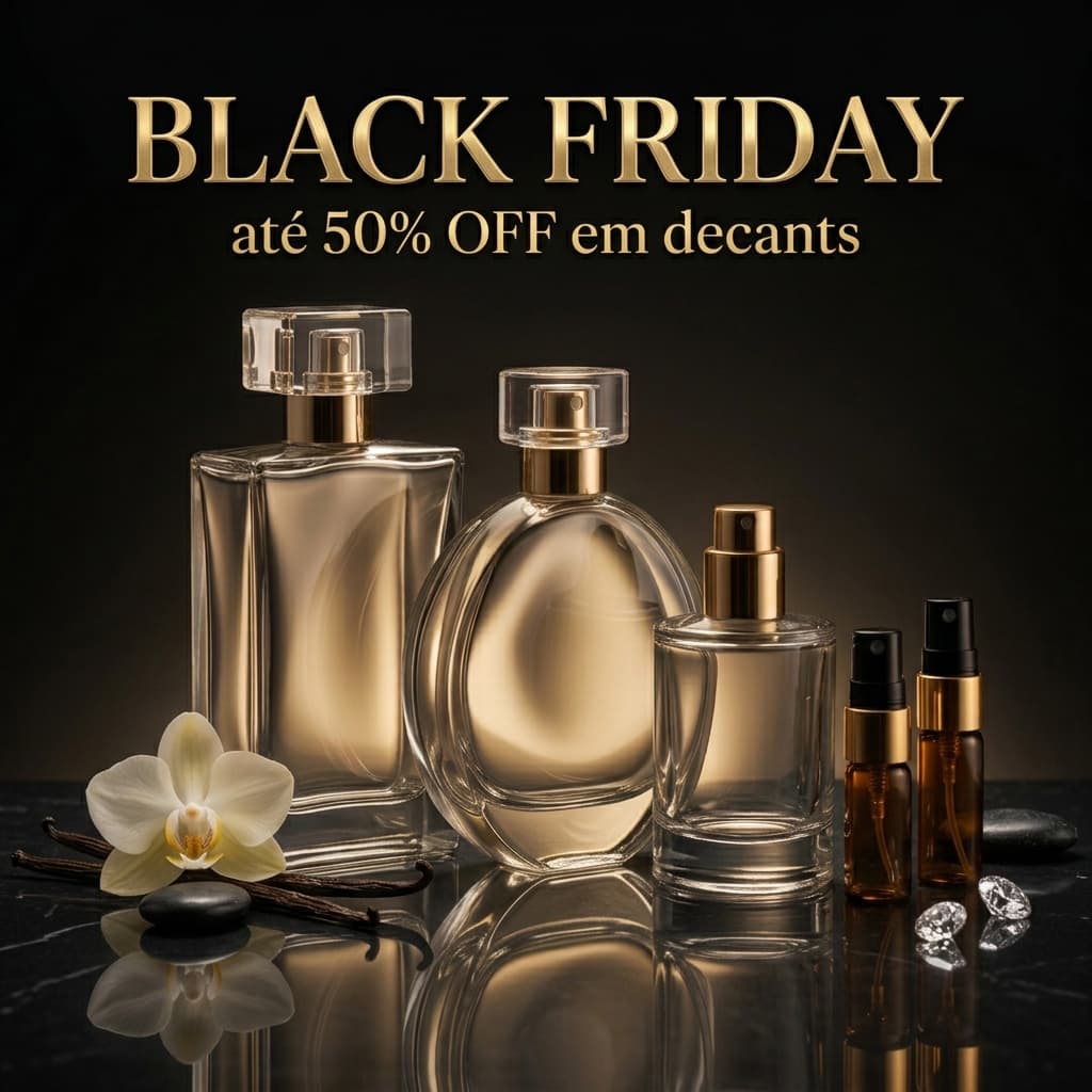 Black Friday Nórvel Perfumaria: frascos de perfume dourados e dois decants em vidro âmbar sobre mármore preto, com até 50% off em decants
