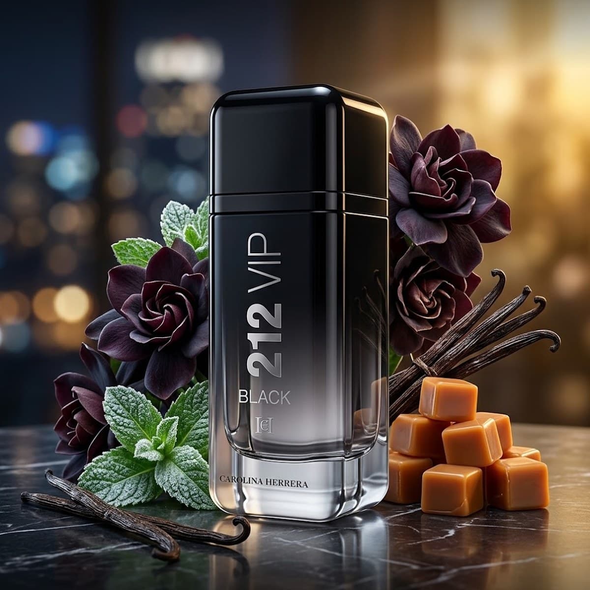 Frasco preto de 212 VIP Black da Carolina Herrera sobre mármore escuro, cercado por flores roxas, folhas de hortelã, favas de baunilha e cubos de caramelo