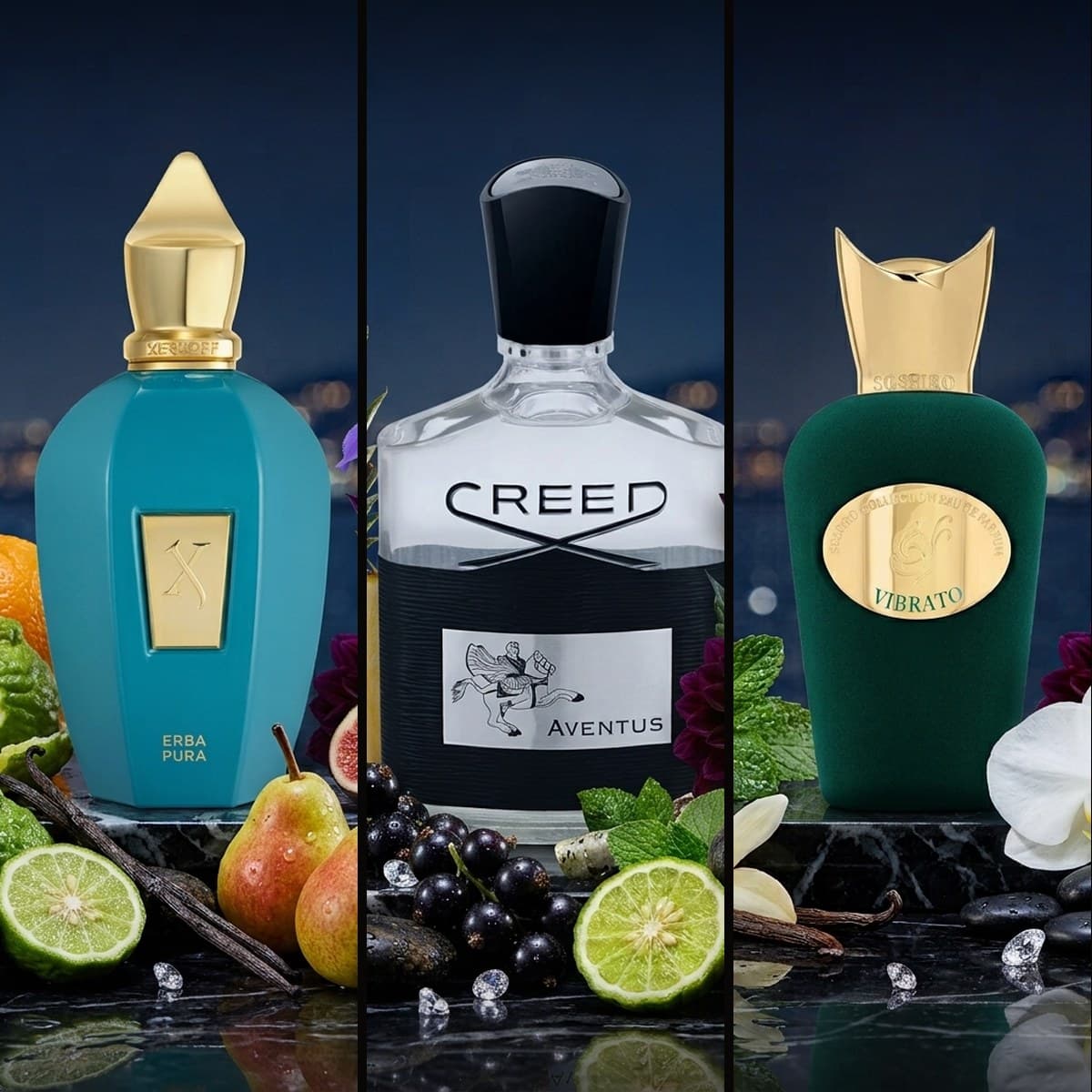 Três frascos lado a lado em fundo noturno: Erba Pura da Xerjoff, Aventus da Creed e Vibrato da Sospiro